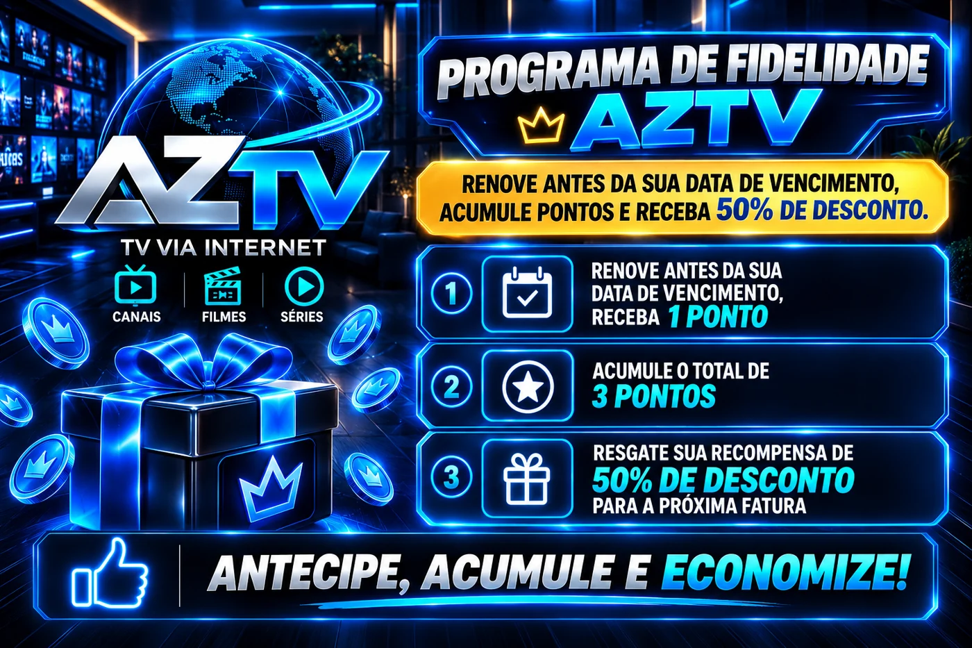 Programa de fidelidade AZTV: antecipe a renovacao, acumule 3 pontos e receba desconto de 50%, conforme elegibilidade.